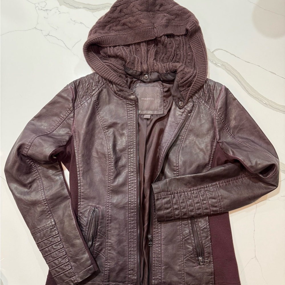 Maurices Women’s Faux Leather Moto Jacket Plum Removable Hood Size M